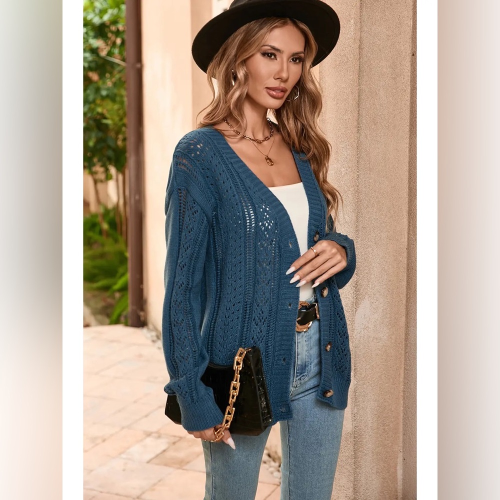 Open Knit Drop Shoulder Cardigan in Teal Size Medium - Picture 7 of 10